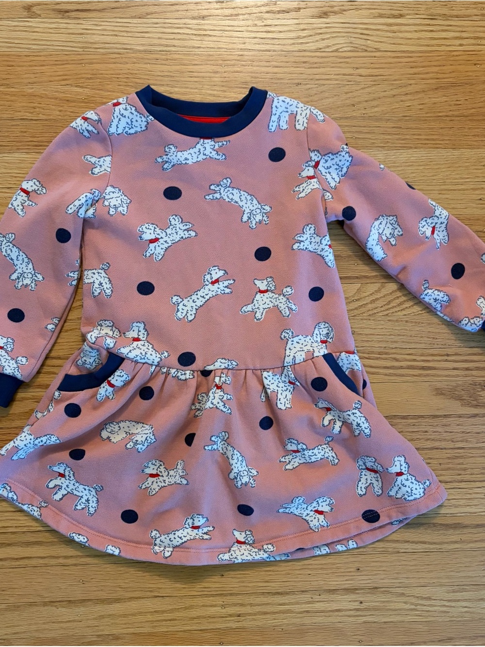 Mini Boden Pink Polka Dot Puppy Print Long Sleeve Dress
